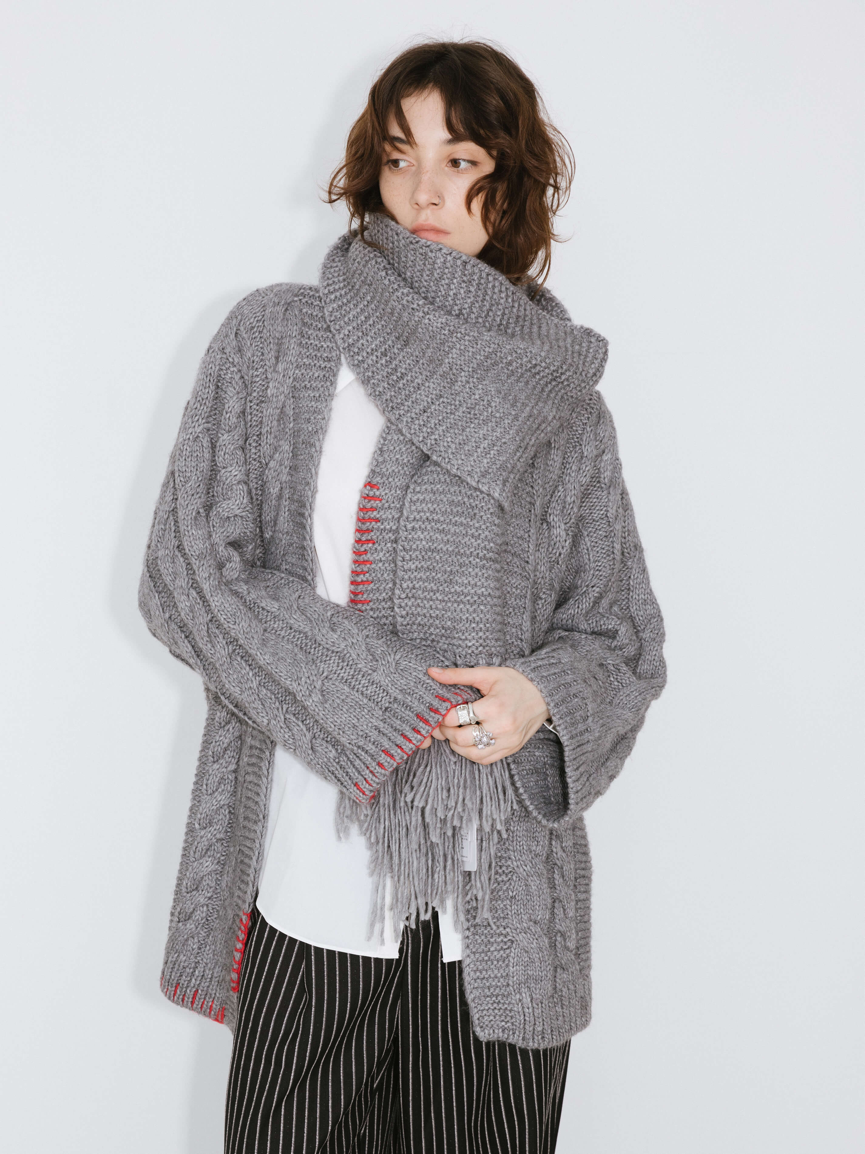 Fringed Long Scarf with Wool Blend-18