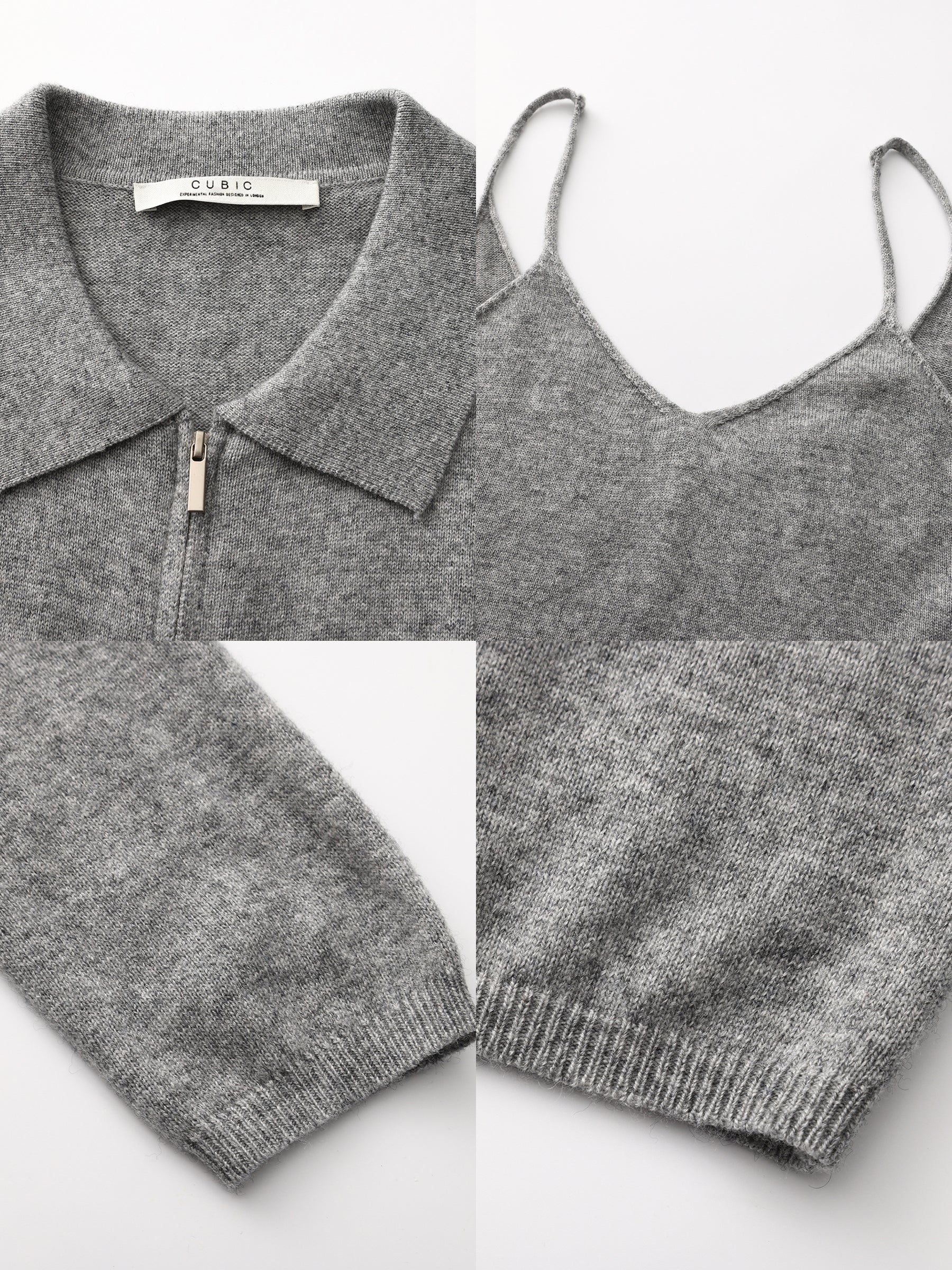 Zip-Up Collared Cropped Knit Cardigan & Vest Set-17