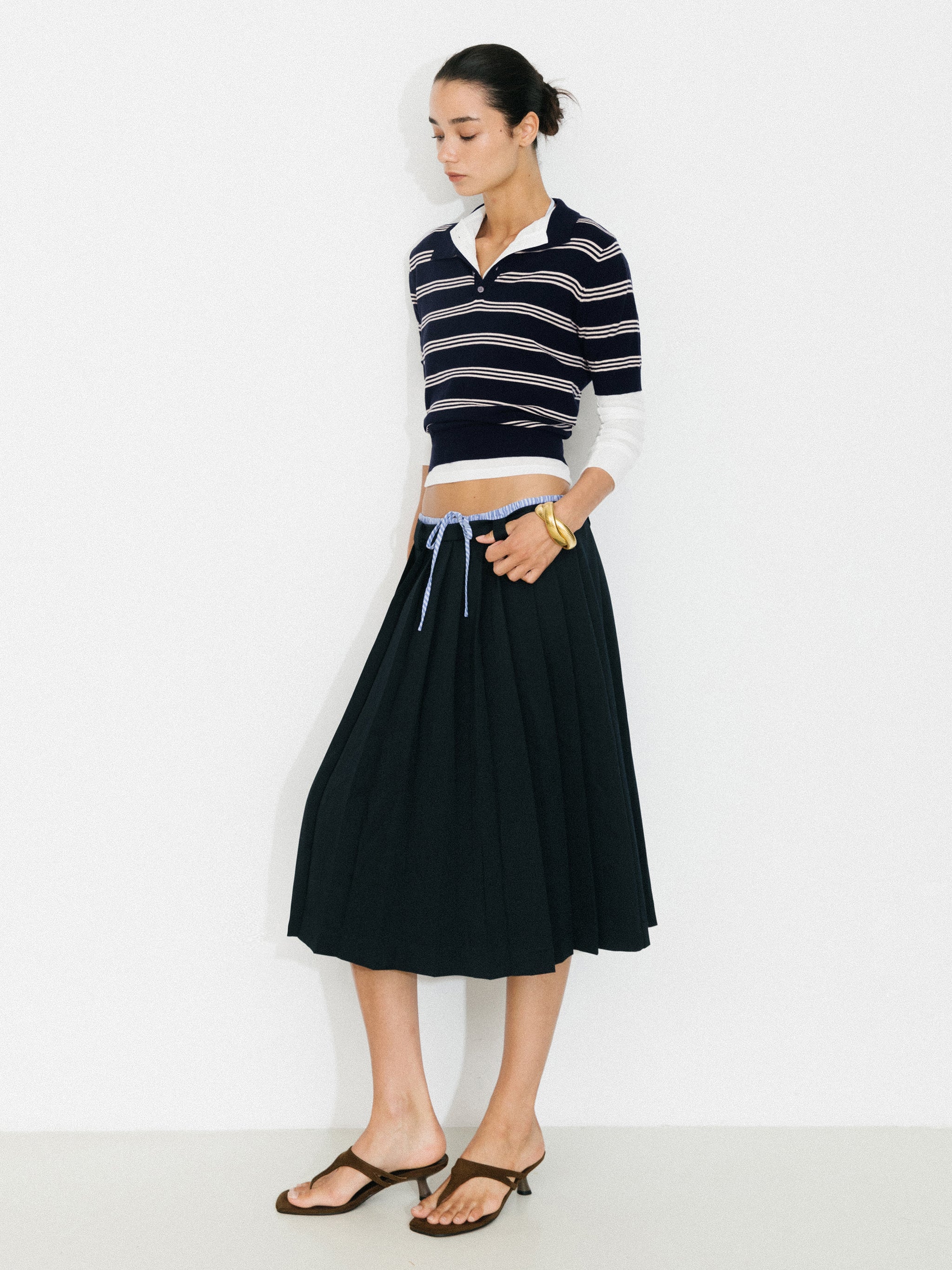 CUBIC-Striped Cropped Polo Collar Cotton T-Shirt-18