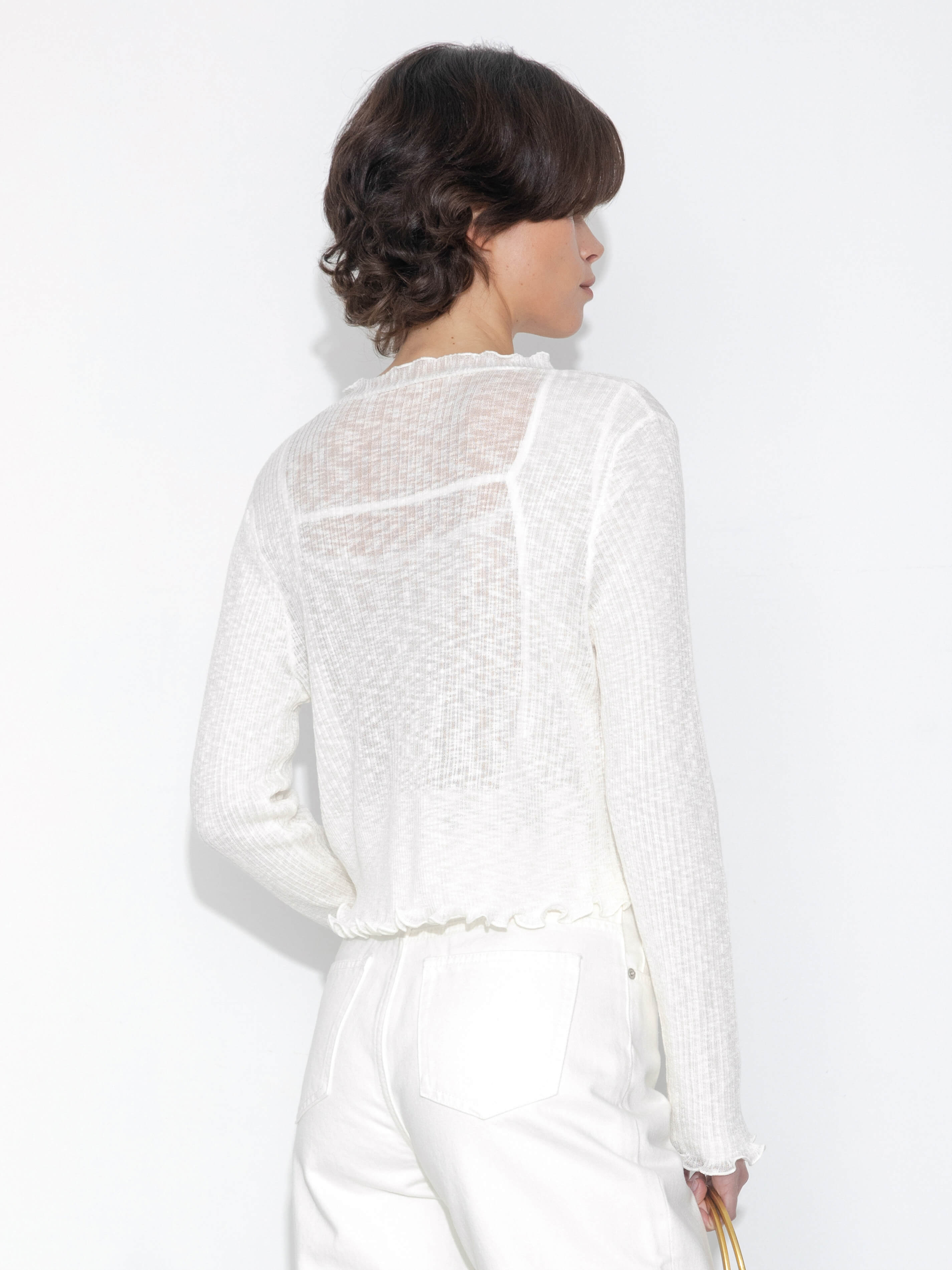 V-Neck Knit Cardigan with Ruffled Long Sleeves-17