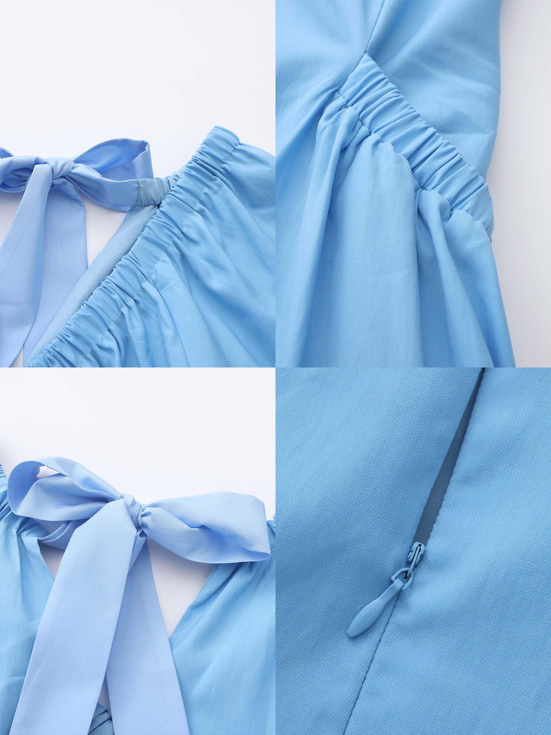 V-neck Pleated Puff Sleeve Dress-17