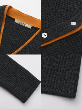 100% Wool Contrast V-Neck Wool Knit Top