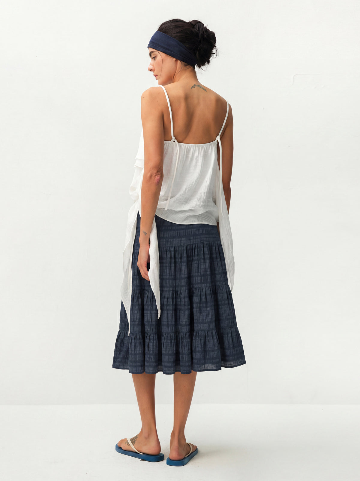 CUBIC Lyocell Linen Blend Tiered Striped Midi Skirt-17
