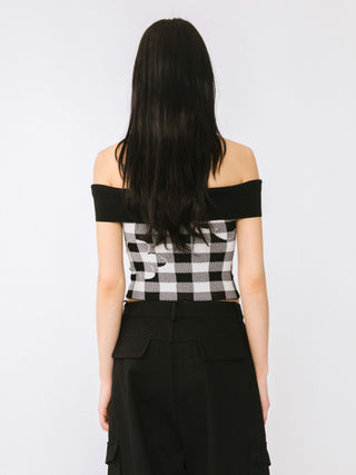 Off-Shoulder Checkered Knit Cami Top