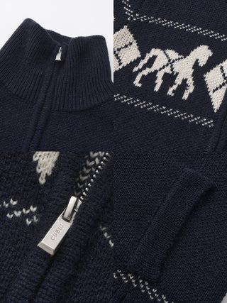 Horse Pattern Diamond Zip-Up Knit Cardigan