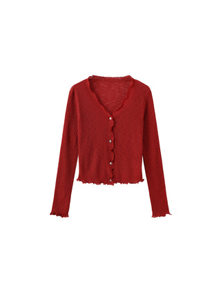 V-Neck Knit Cardigan with Ruffled Long Sleeves