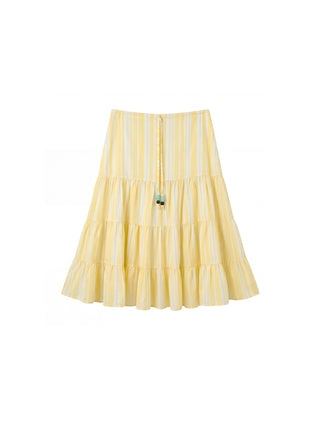 CUBIC Lyocell Linen Blend Tiered Striped Midi Skirt