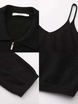 Zip-Up Collared Cropped Knit Cardigan & Vest Set