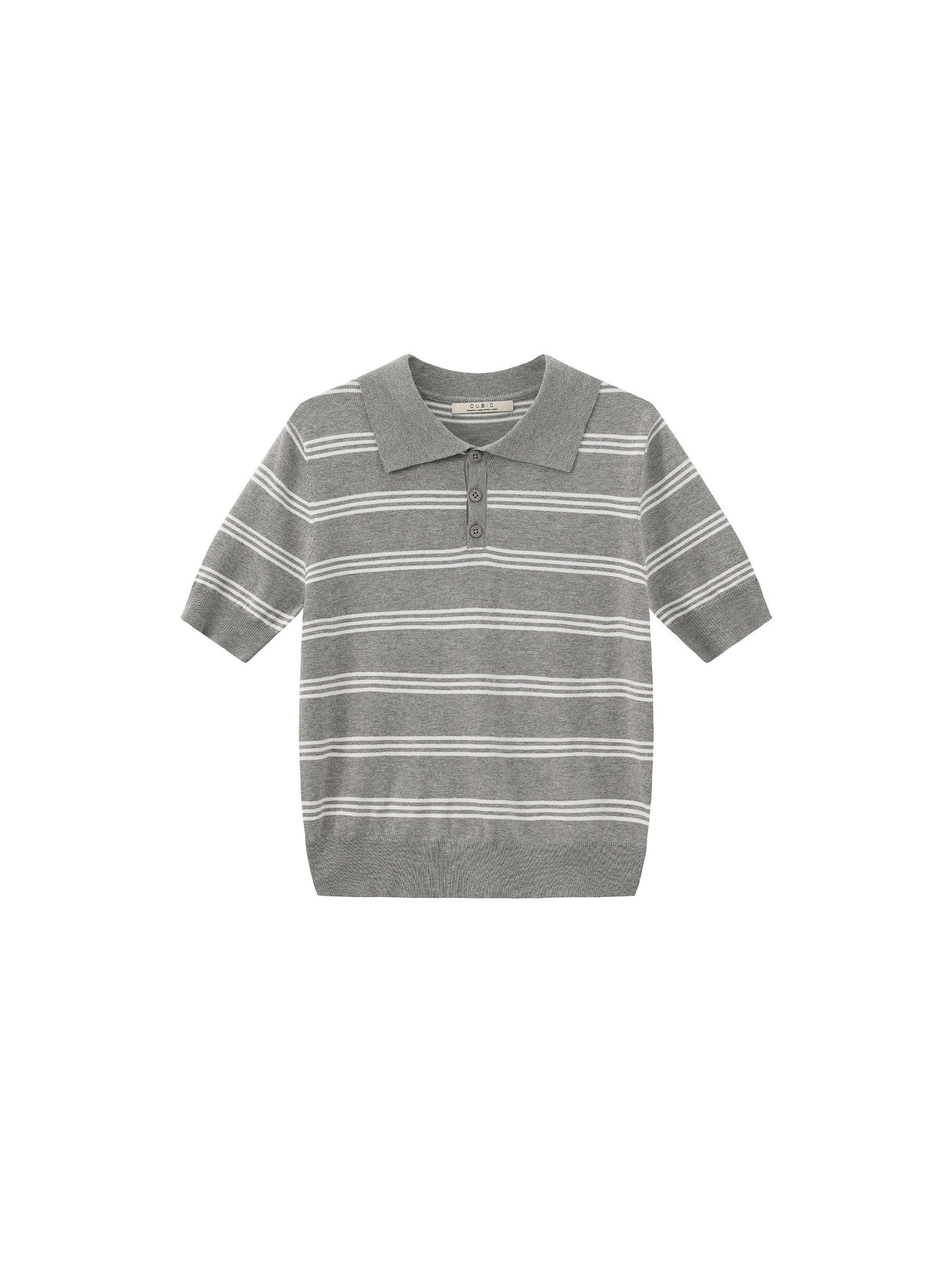 CUBIC-Striped Cropped Polo Collar Cotton T-Shirt-19