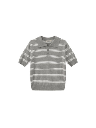 CUBIC-Striped Cropped Polo Collar Cotton T-Shirt