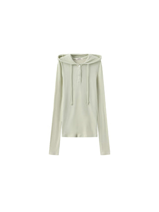 Slim-Fit Hooded V-Neck Long Sleeve Top