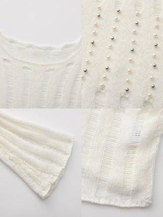 Beaded Hollow-Out Knit Top with Flare Sleeves