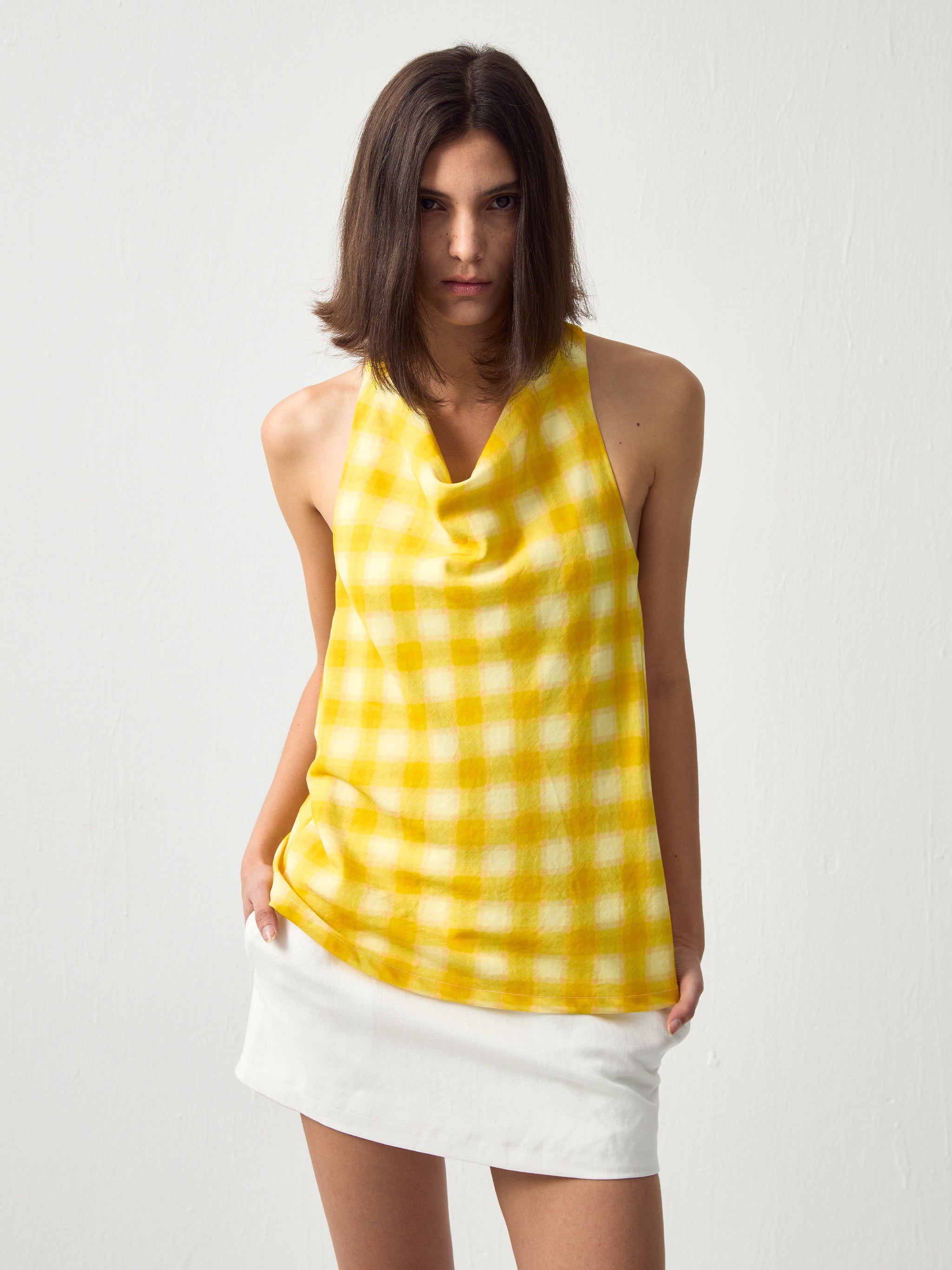 CUBIC Linen Blend Halter Check Top-2