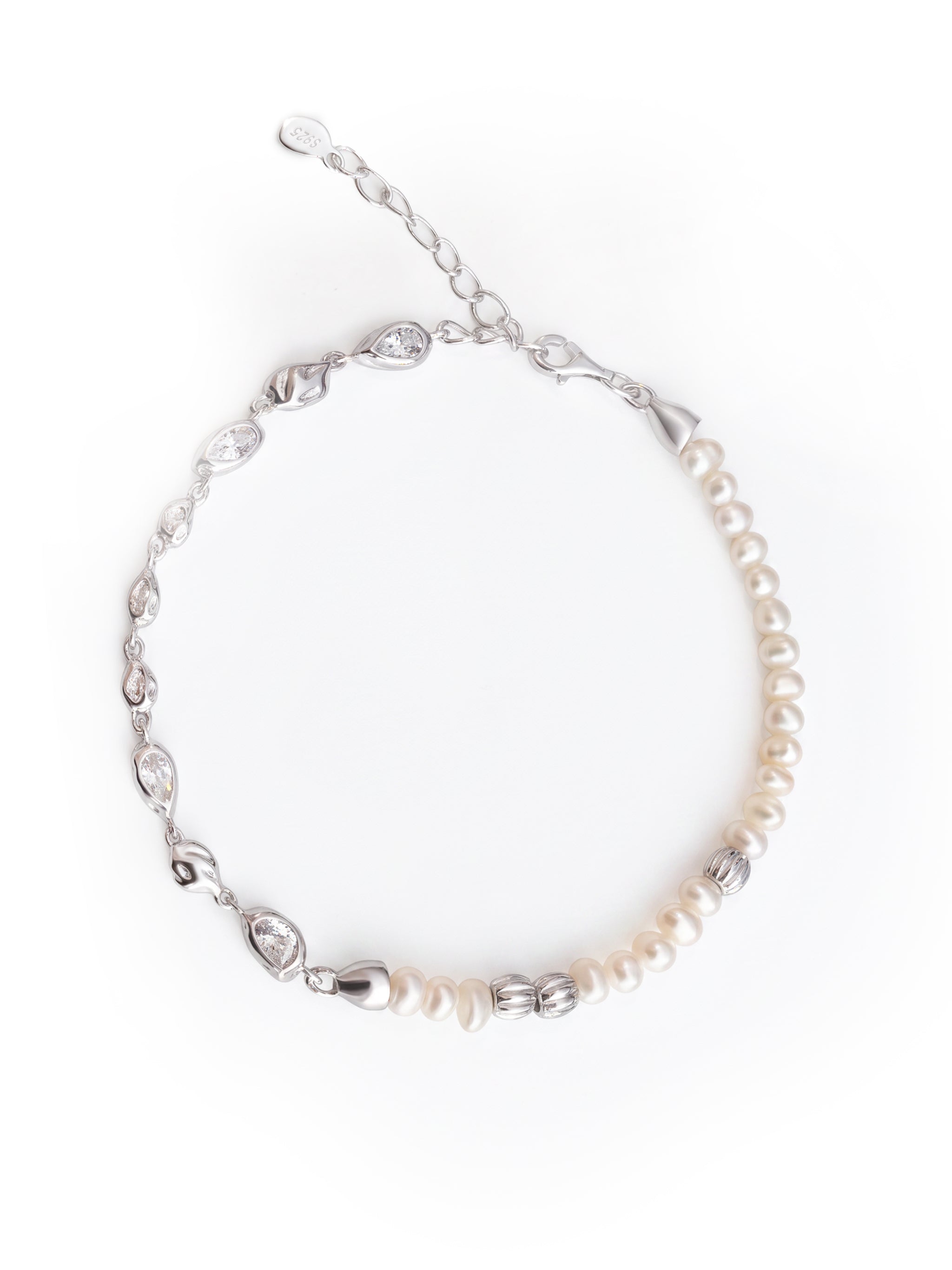 Asymmetric Pearl Zircon Silver Bracelet-1