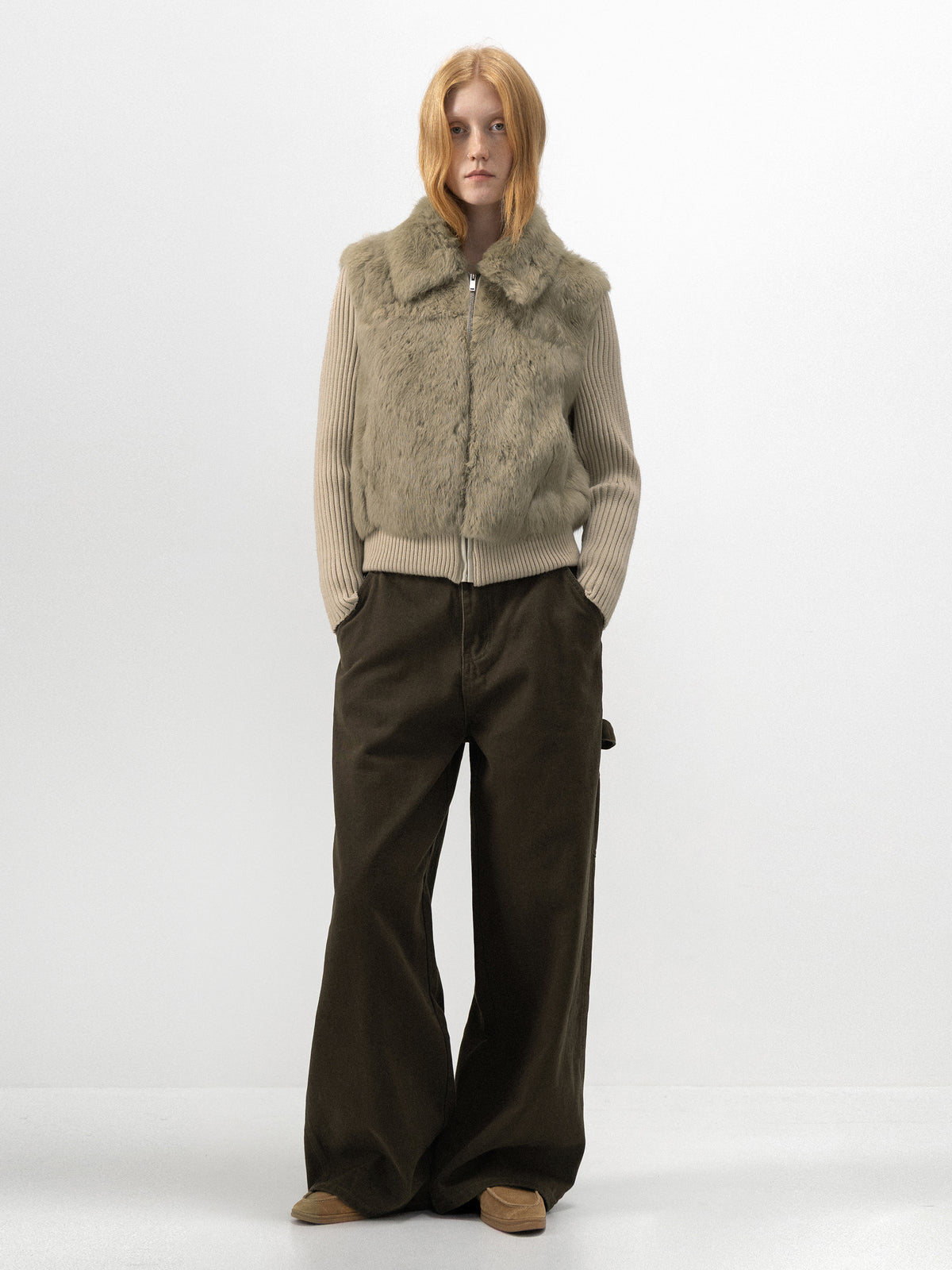 CUBIC Rabbit-Fur Panelled Knit Zip-Up Jacket-1