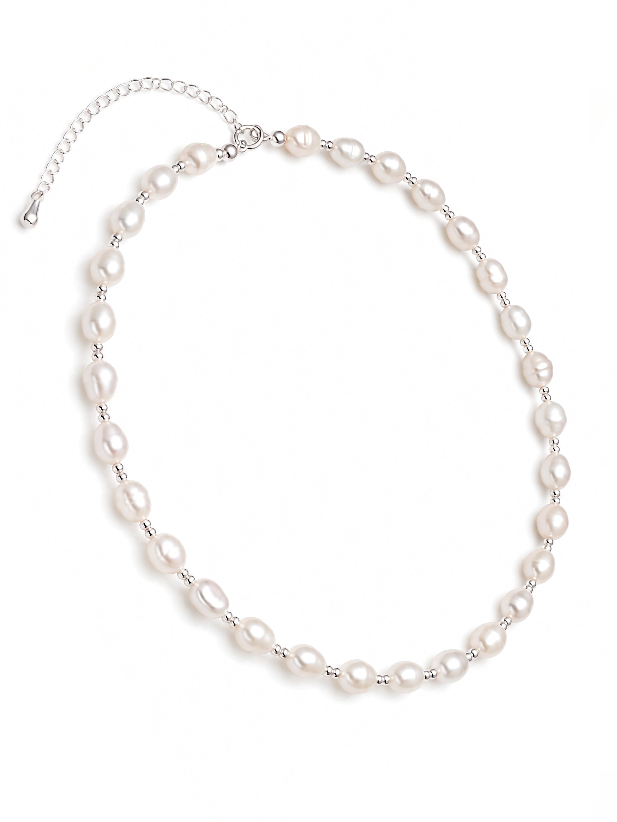 Baroque Pearl Silver Bead Station Necklace-1