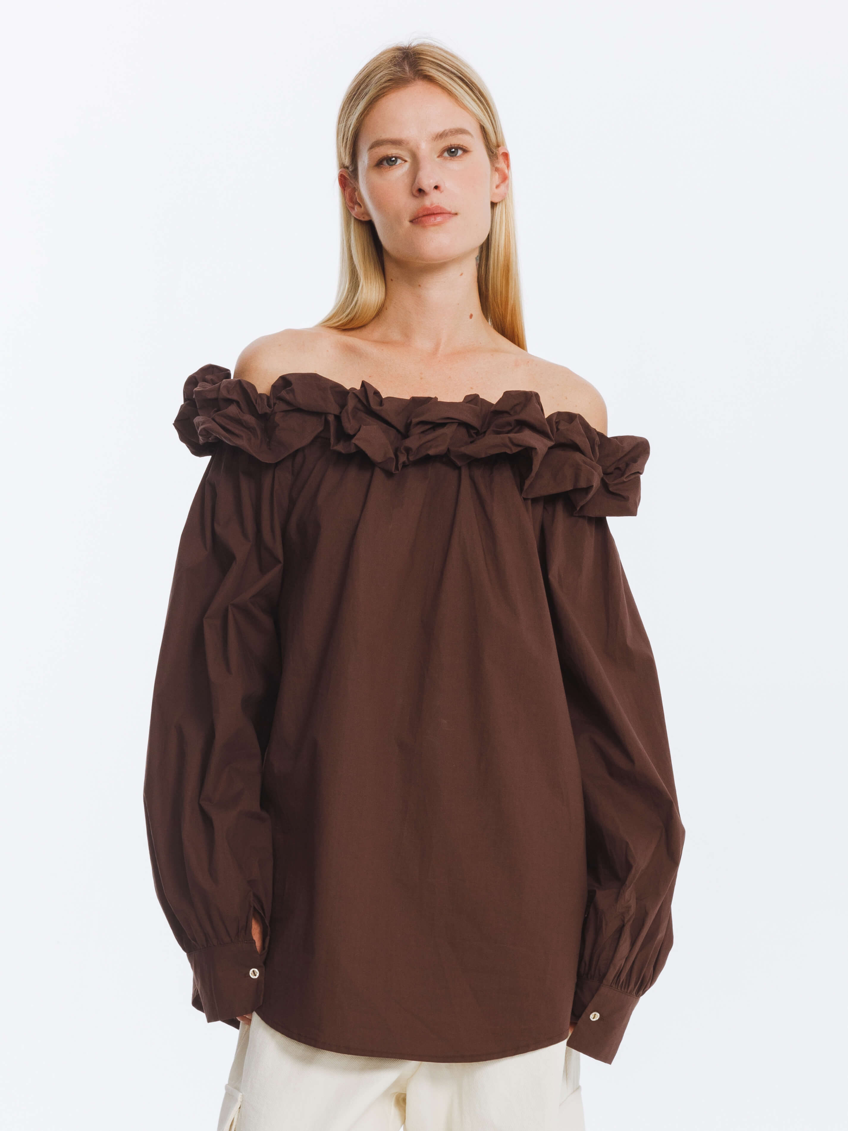 3D Ruffle Collar Long Sleeve Cotton Blouse-7