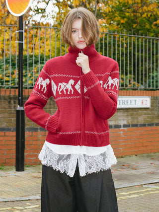 Horse Pattern Diamond Zip-Up Knit Cardigan