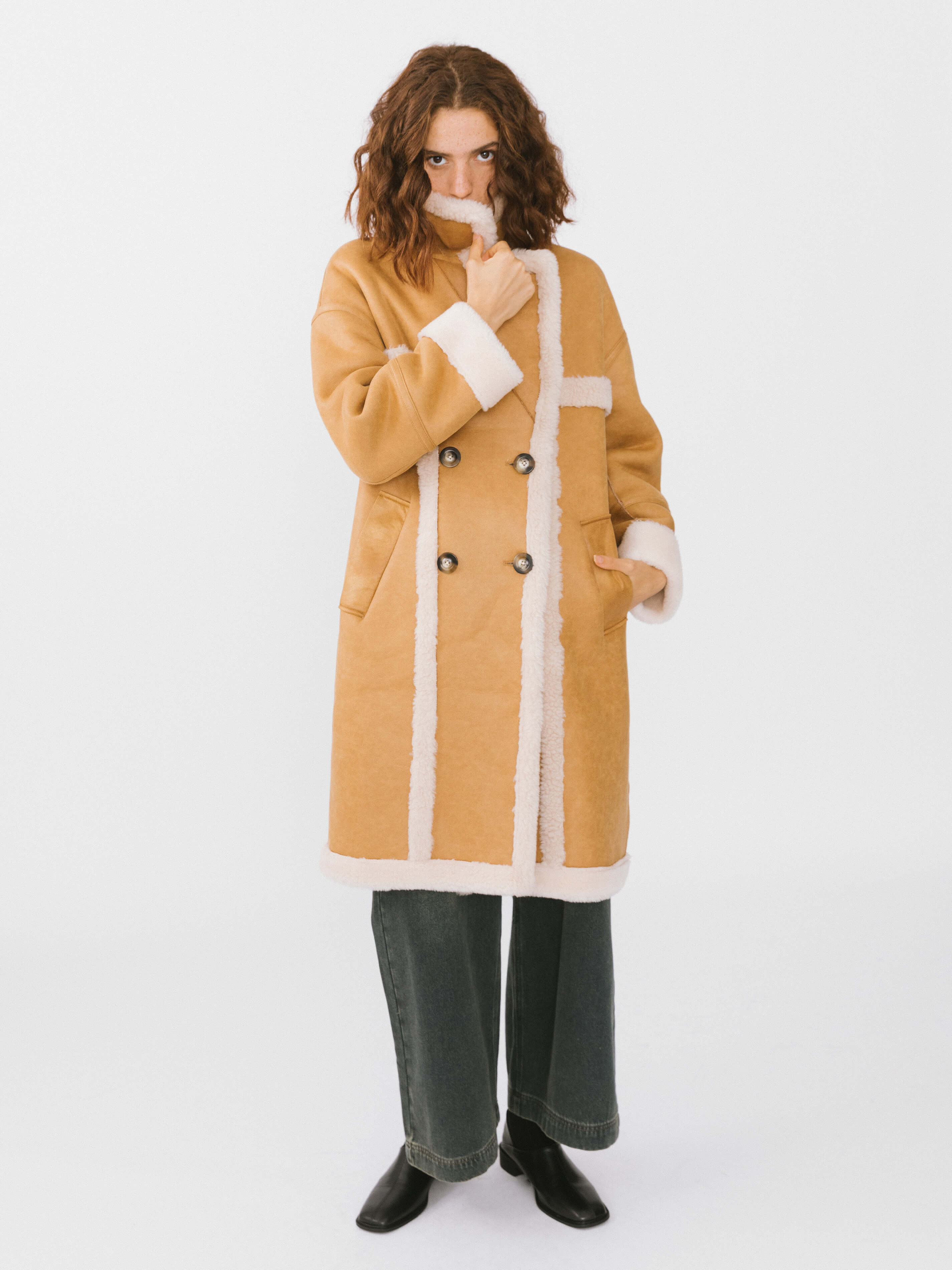 Yellow Faux Leather Sheep Wool Long Coat-4
