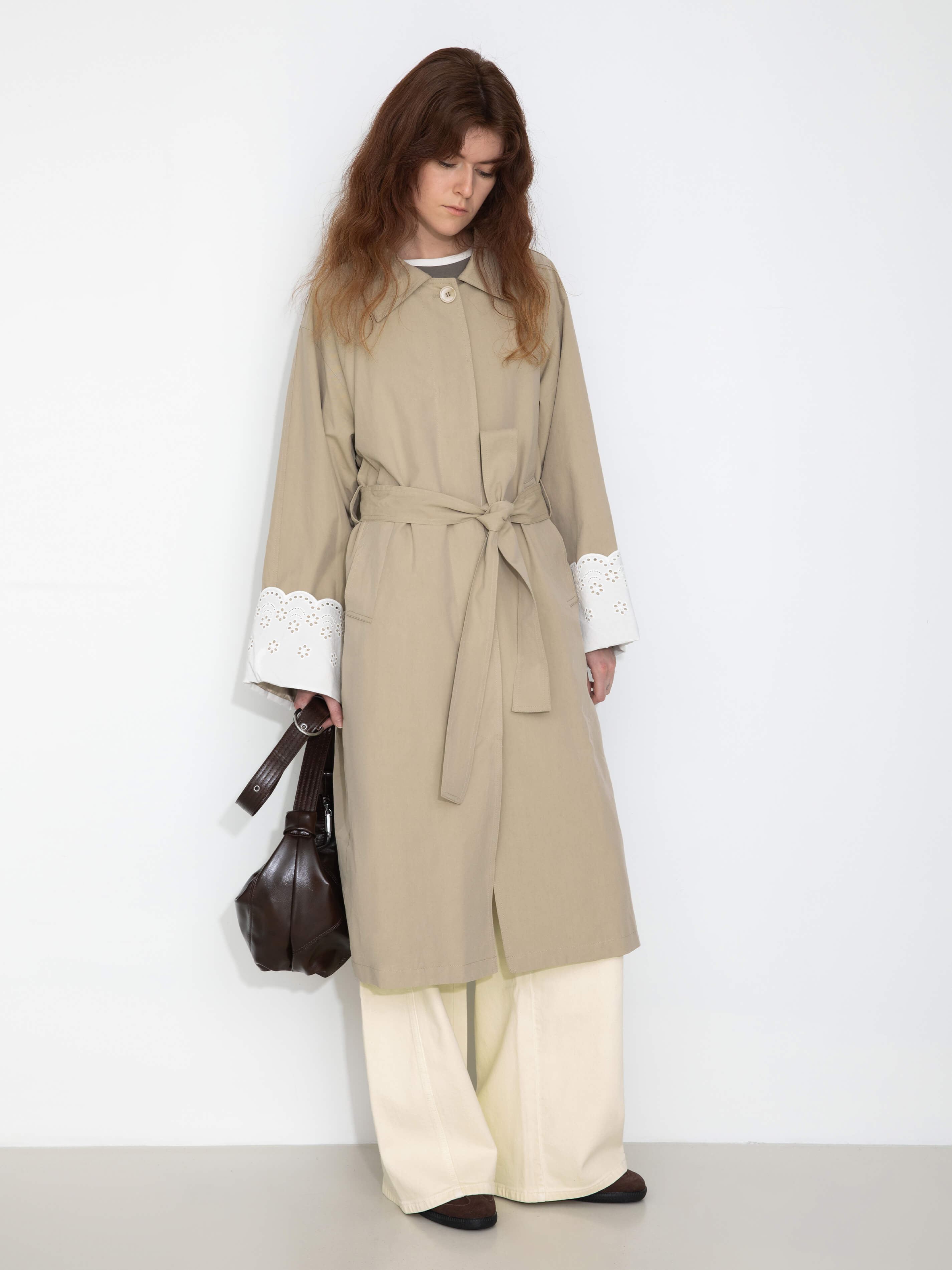 Oversized Thin Trench Coat with Lace Cuffs