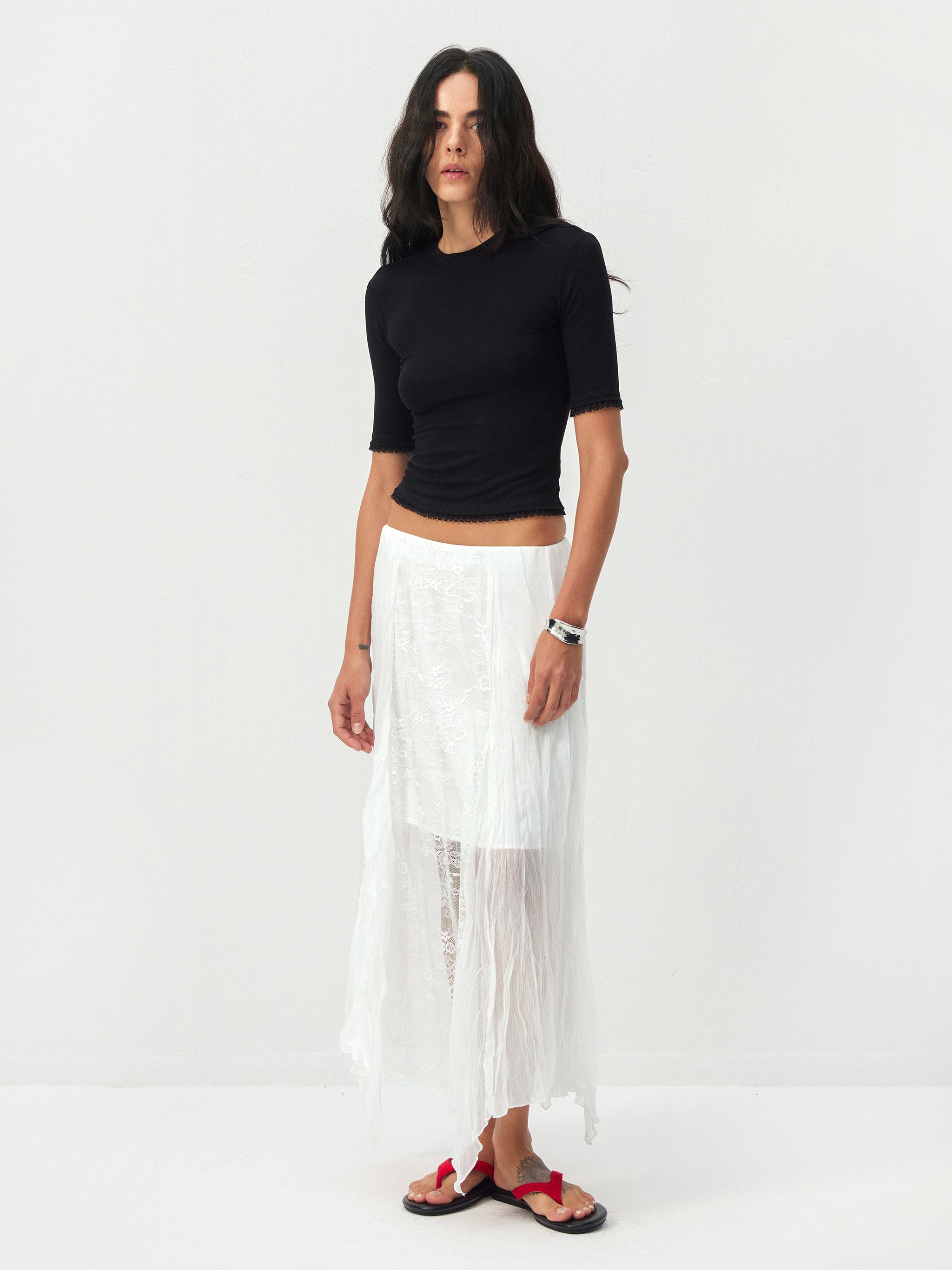 CUBIC Lace-Overlay Asymmetrical Sheer Midi Skirt