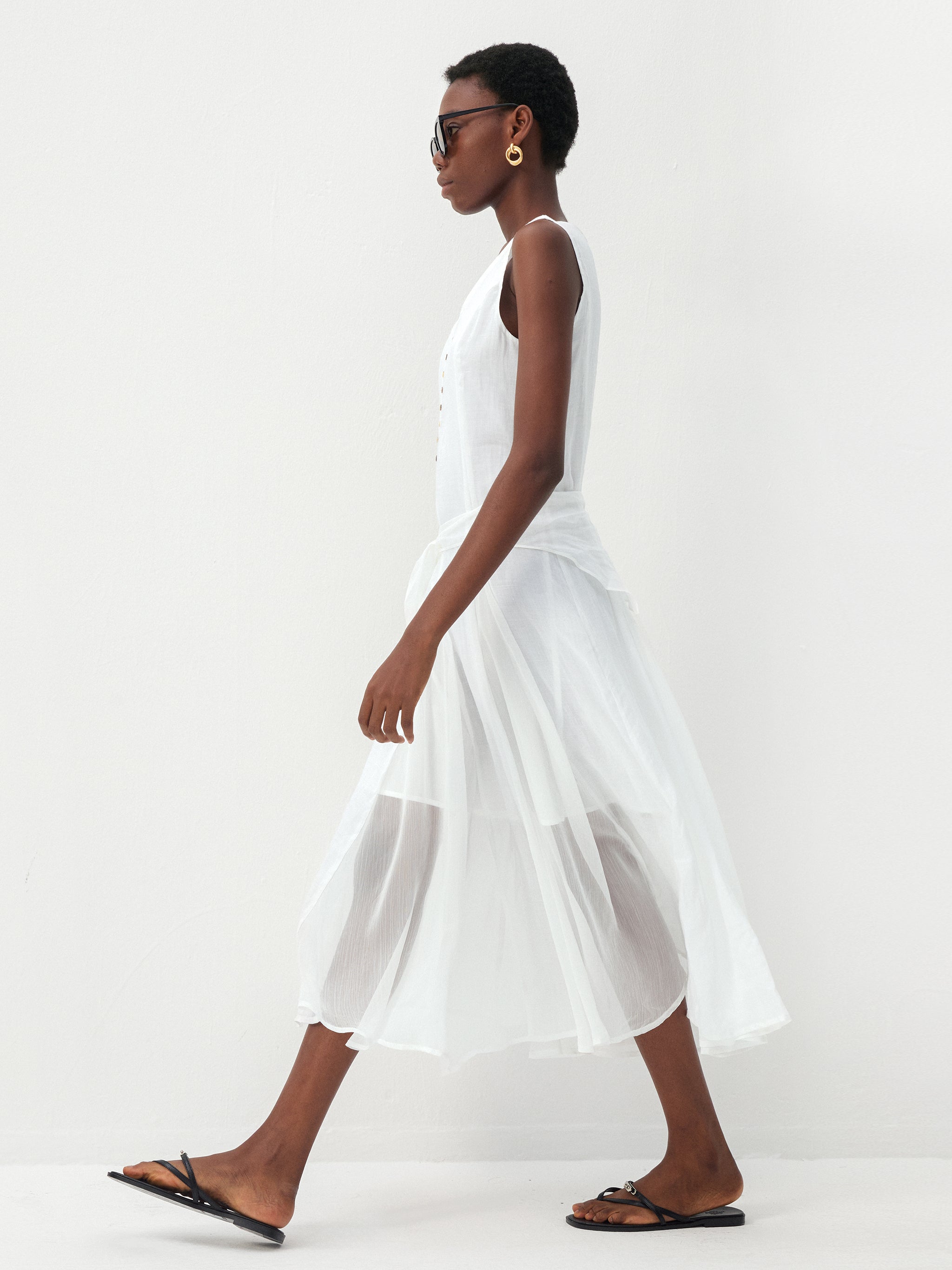 CUBIC Ramie & Chiffon Two-Piece Belted Midi Dress