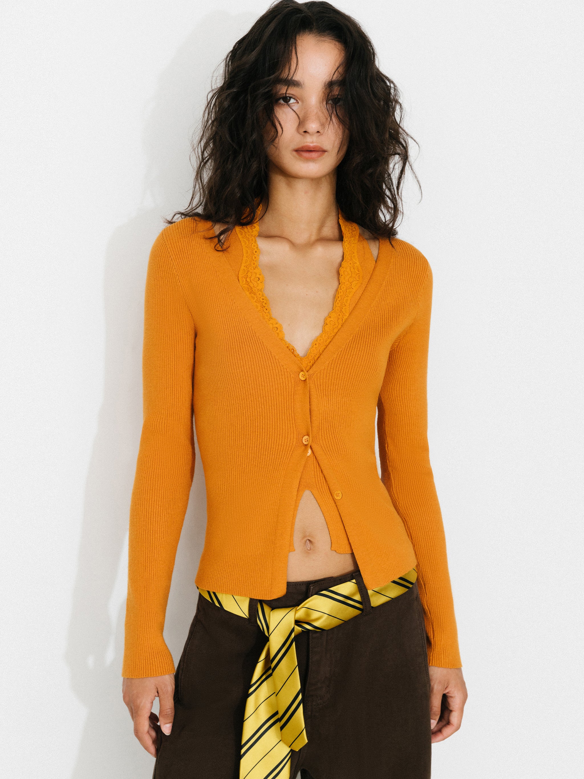Layered Look Halter Neck Slim-Fit Knit Cardigan