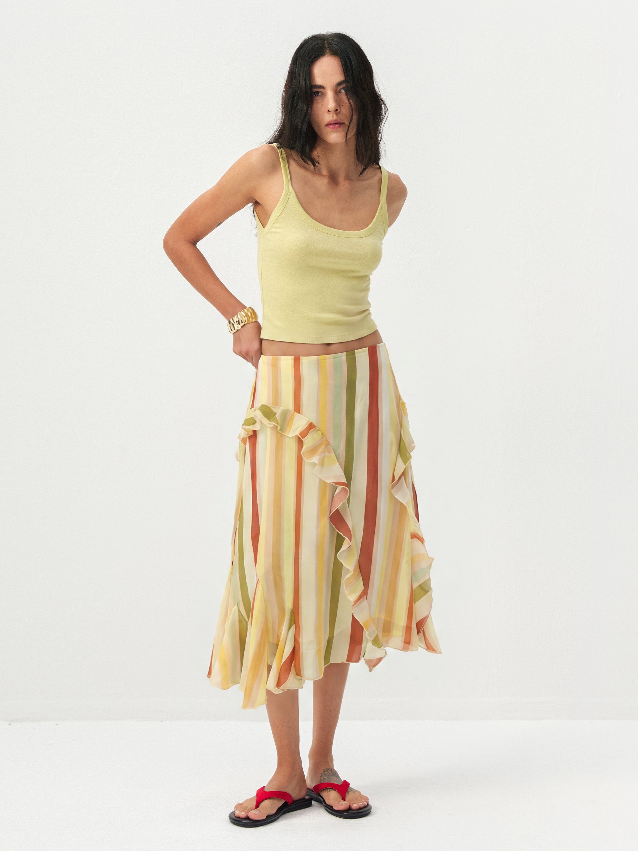 Colorful Striped Ruffled Asymmetrical Hem Skirt