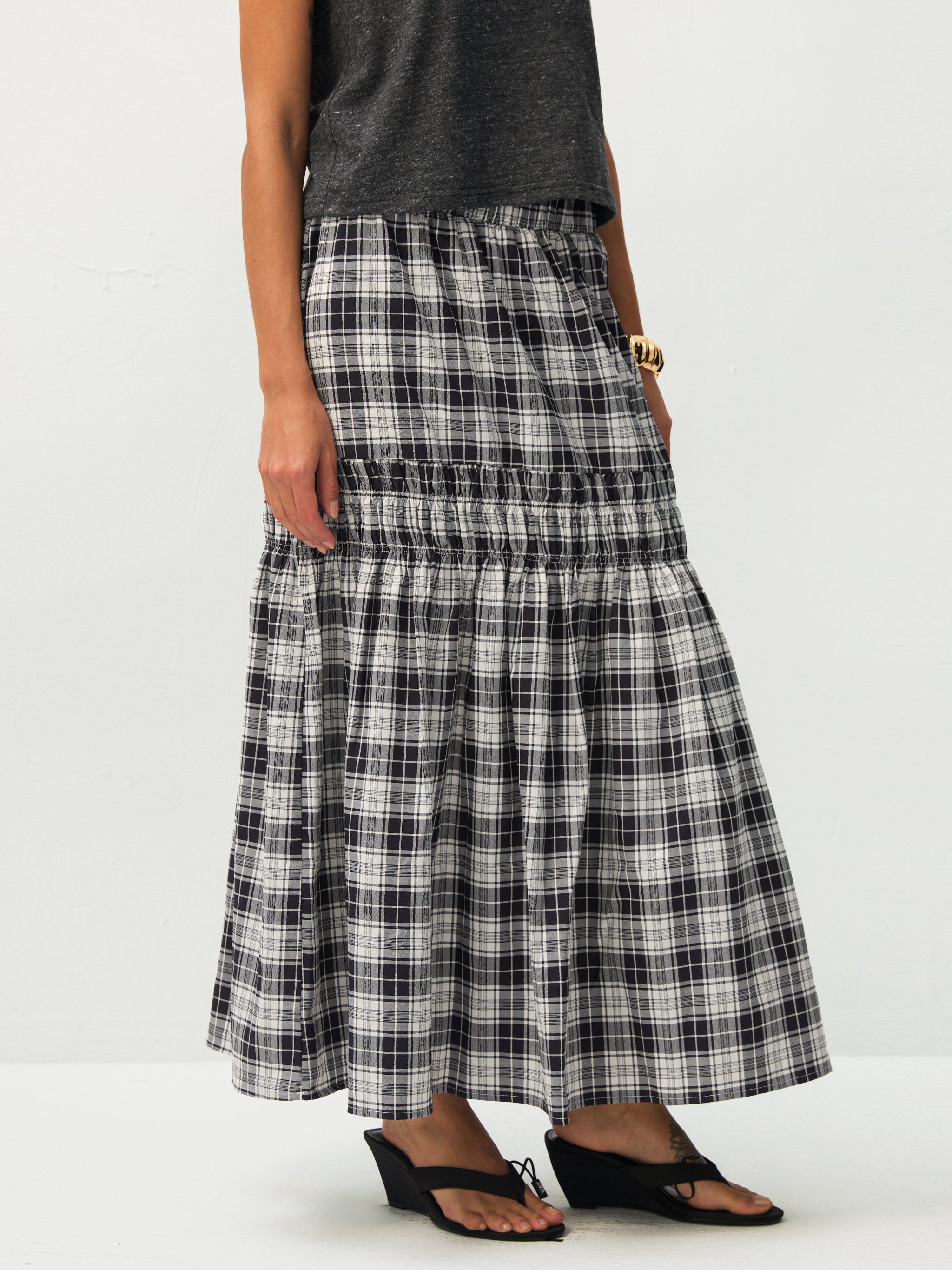 Elastic Drawstring High Waist Checked Skirt-6