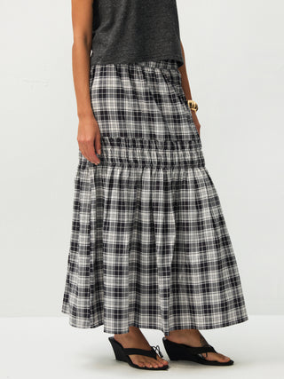 Elastic Drawstring High Waist Checked Skirt