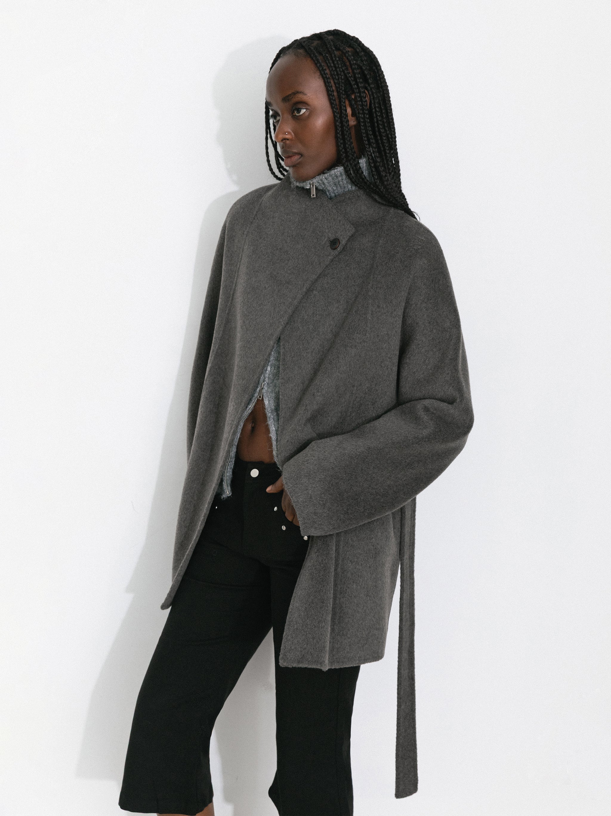 Loose-Fit Wool-Blend Stand-Collar A-Line Coat