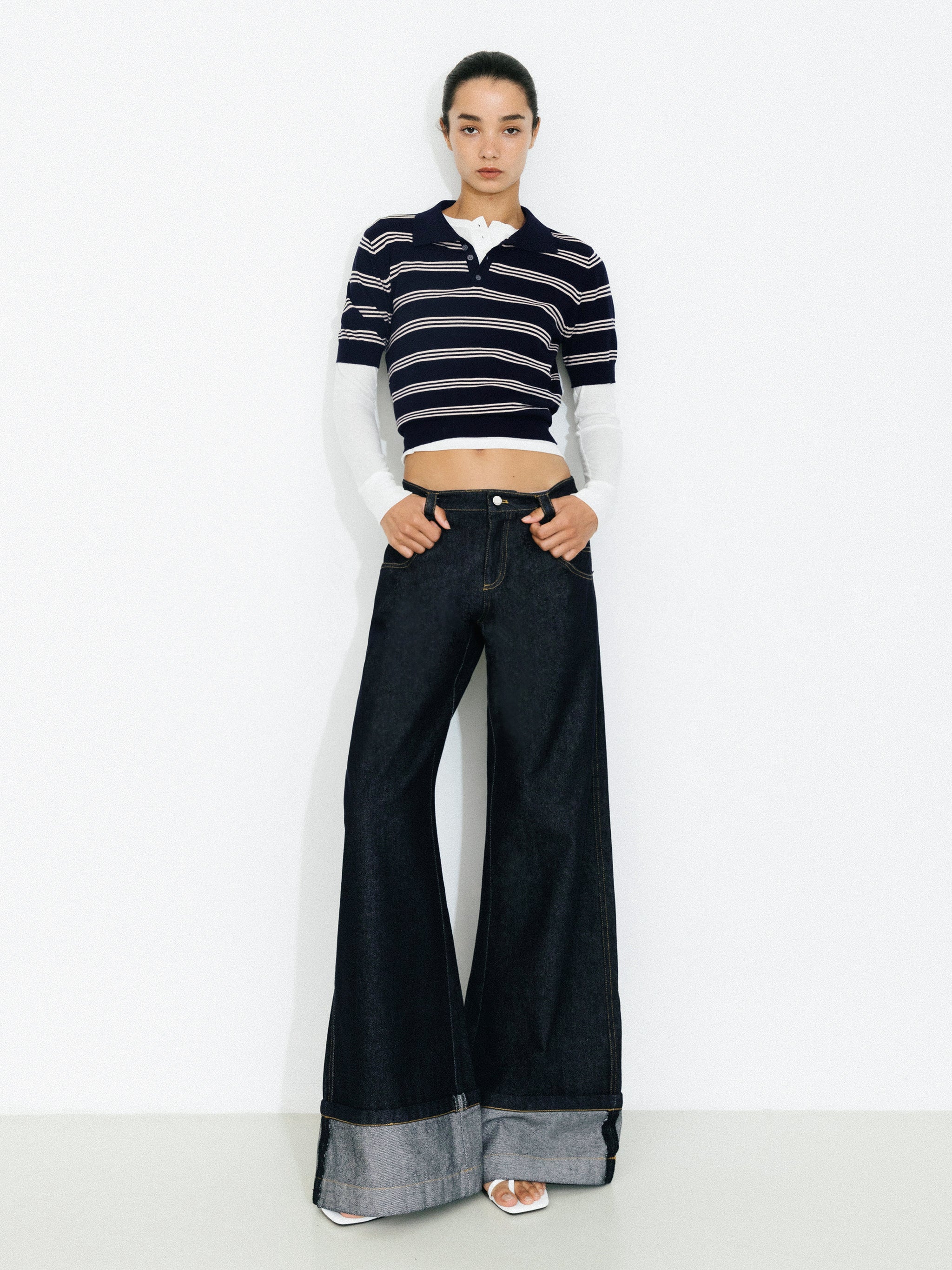 Wide-Leg Slight Flare Cuffed Jeans