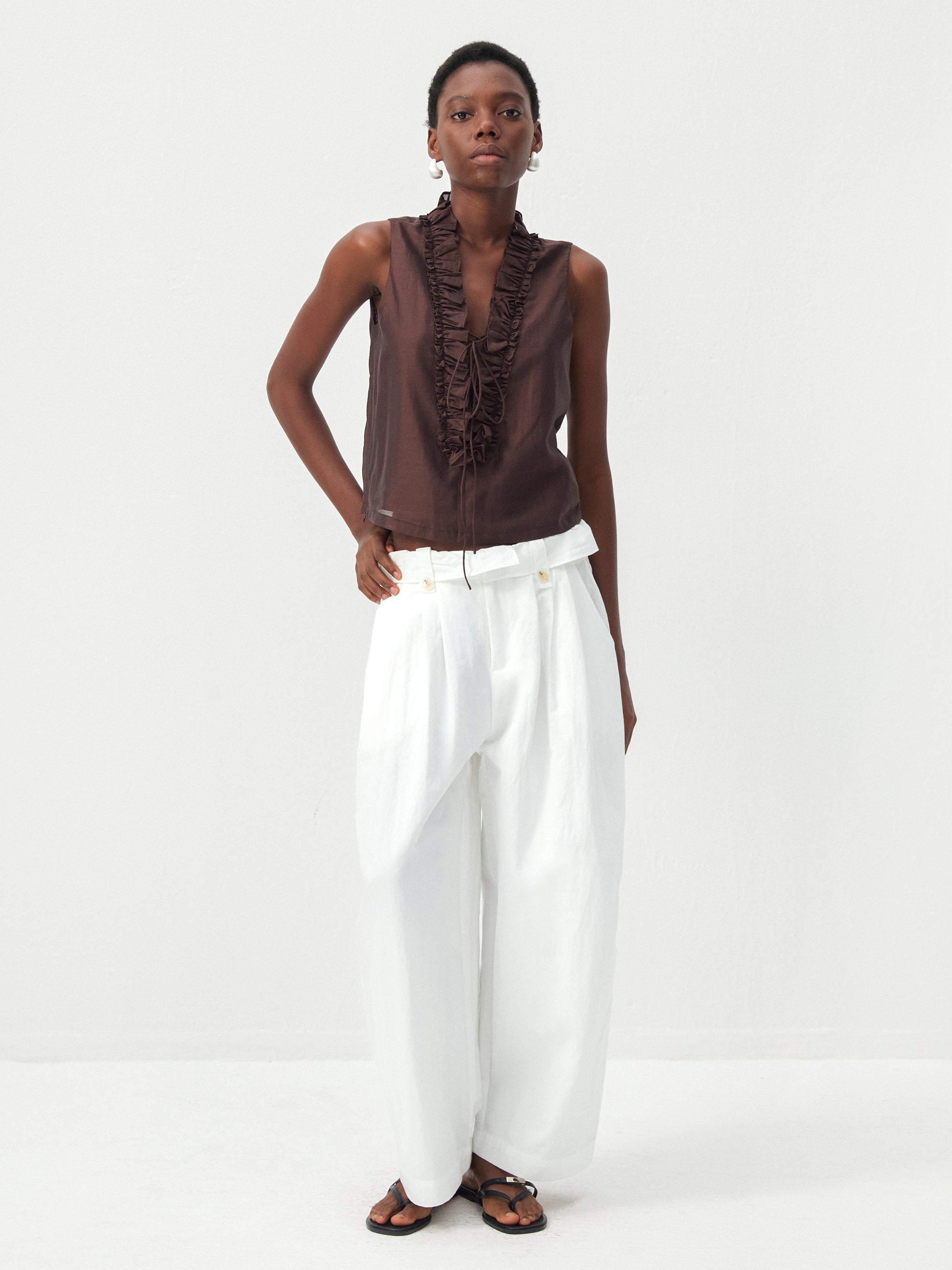 CUBIC Cotton-Blend Fold-Over Waist Wide-Leg Trousers