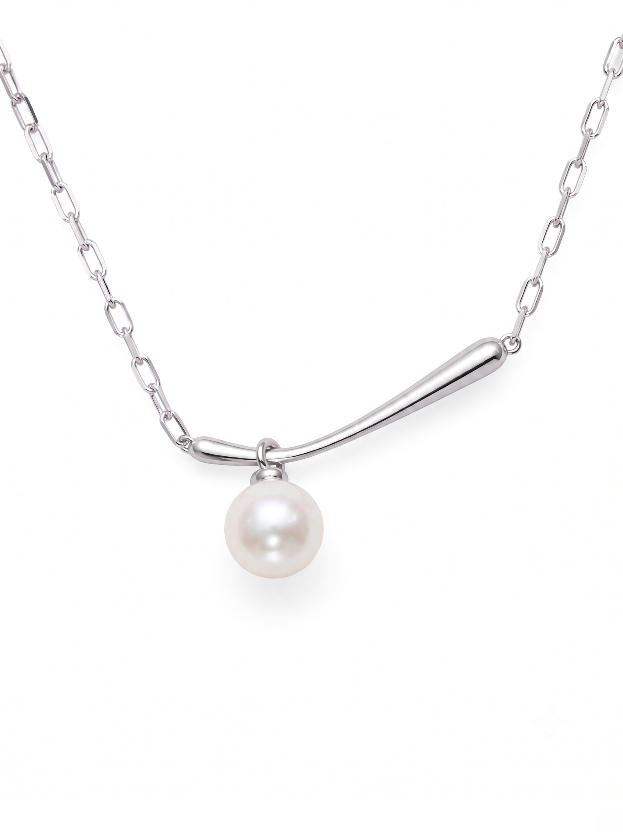 V Wavy Double Pearl Silver Necklace-1