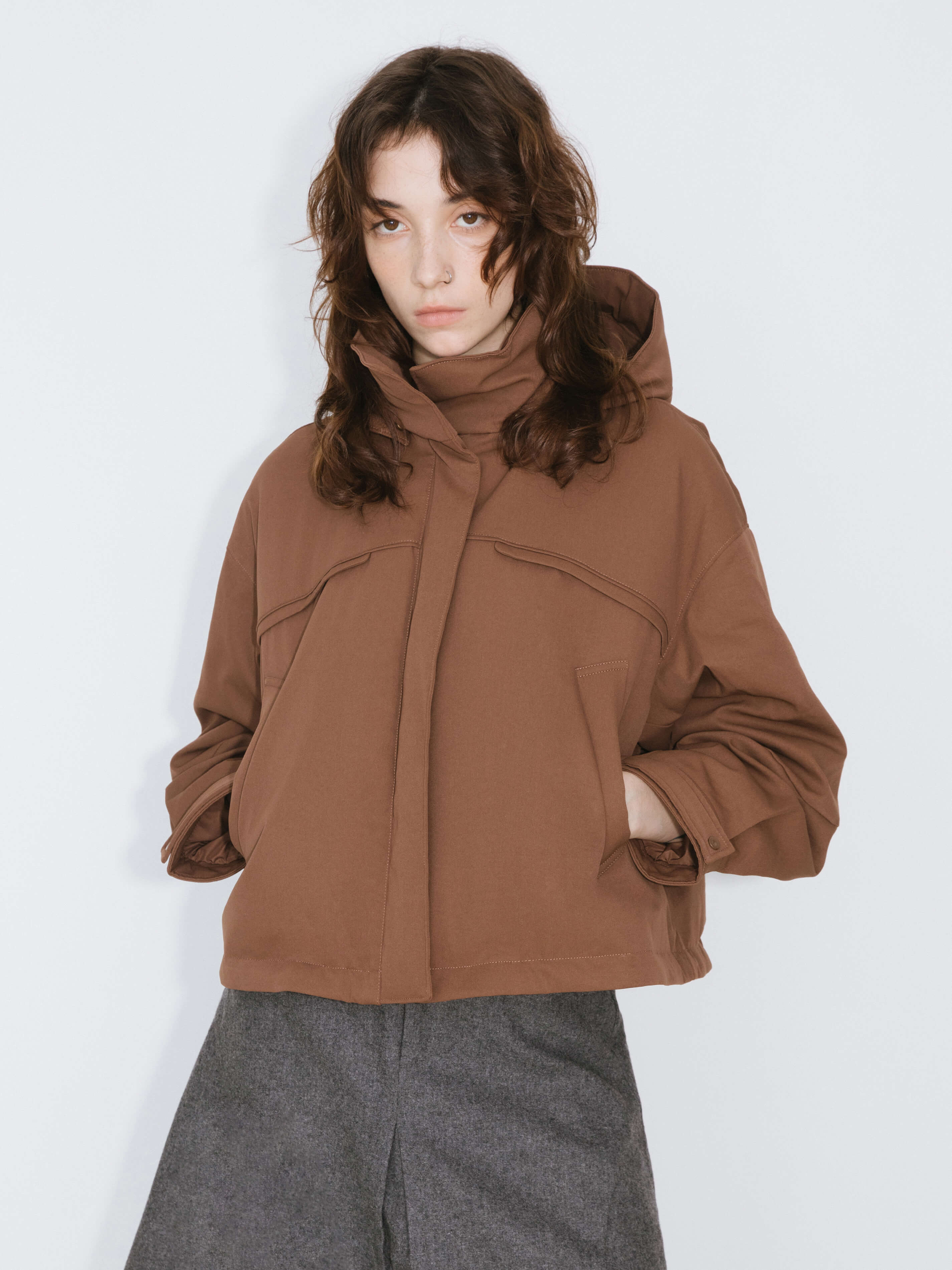 ONE BY CUBIC High Neck Short Loose Hem Down Jacket with Hood-1