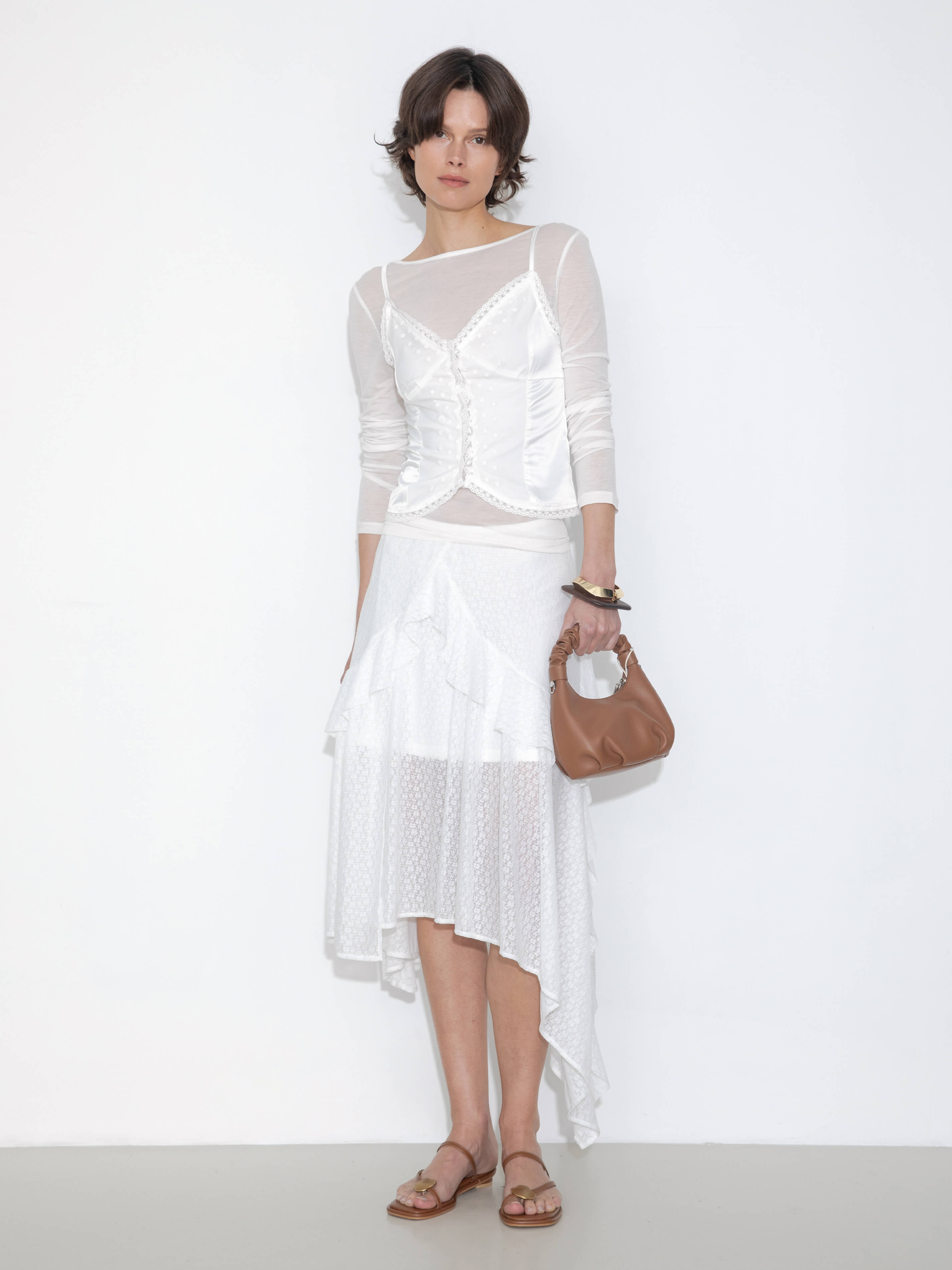 Asymmetrical Ruffled Floral Eyelet Skirt