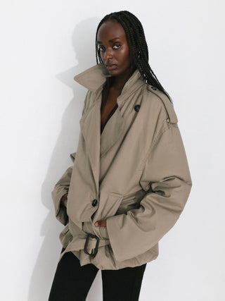 Dark Oversized Waist-Cinched Down Coat