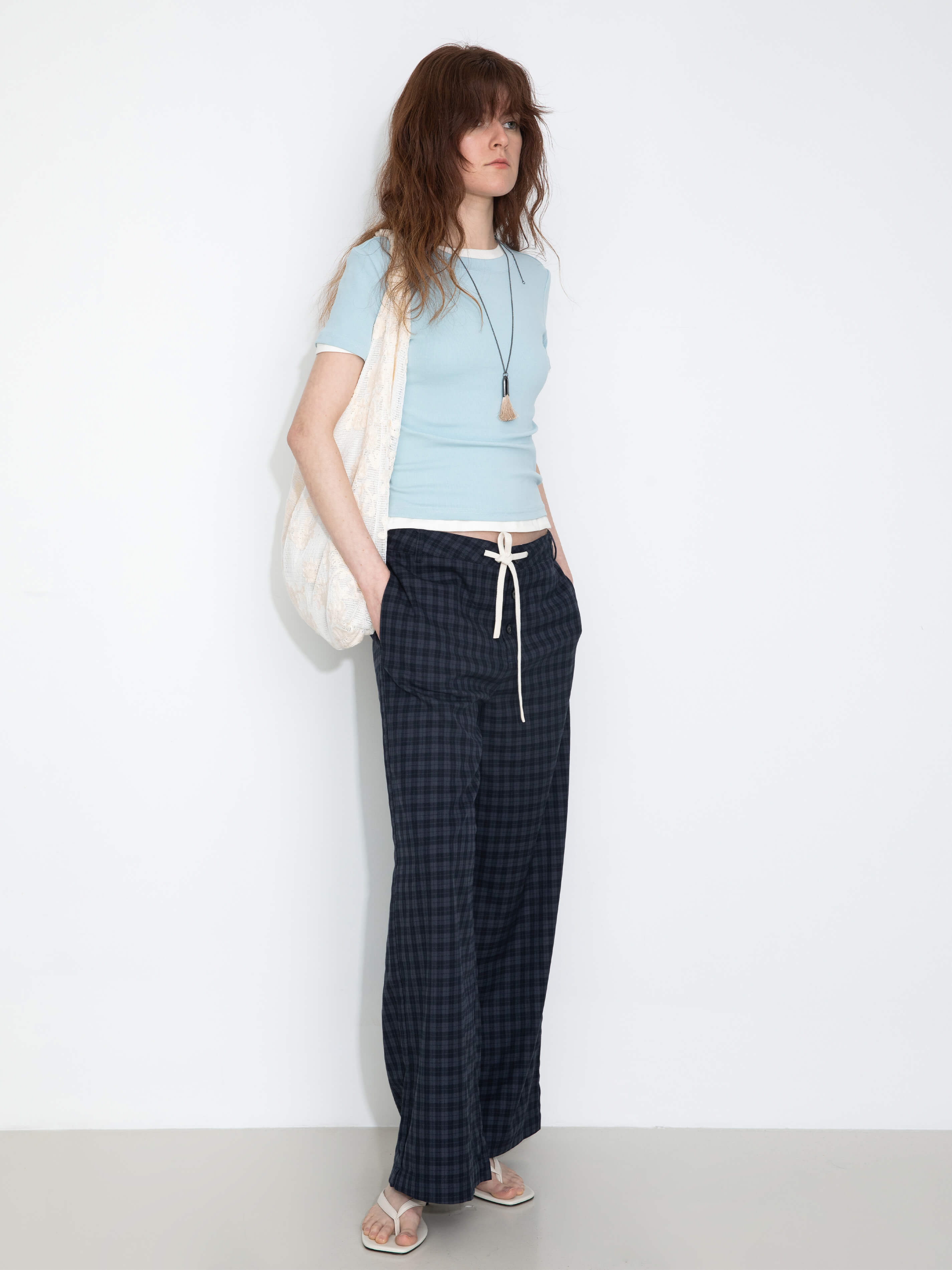 Drawstring Checkered Wide-Leg Casual Pants
