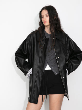 Stand Collar Oversized Leather Jacket