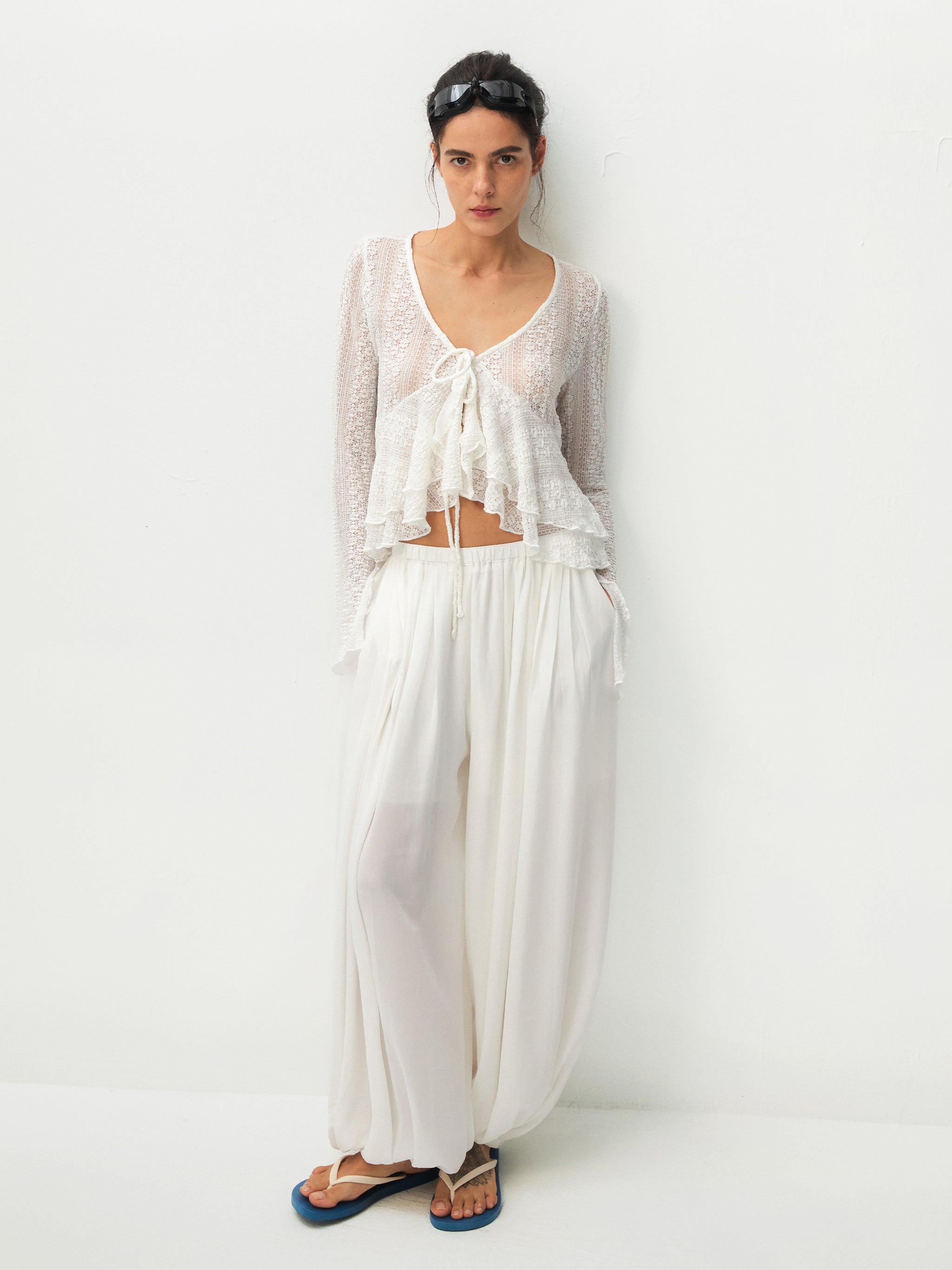 CUBIC Sheer Knit Tie-Front Peplum Top