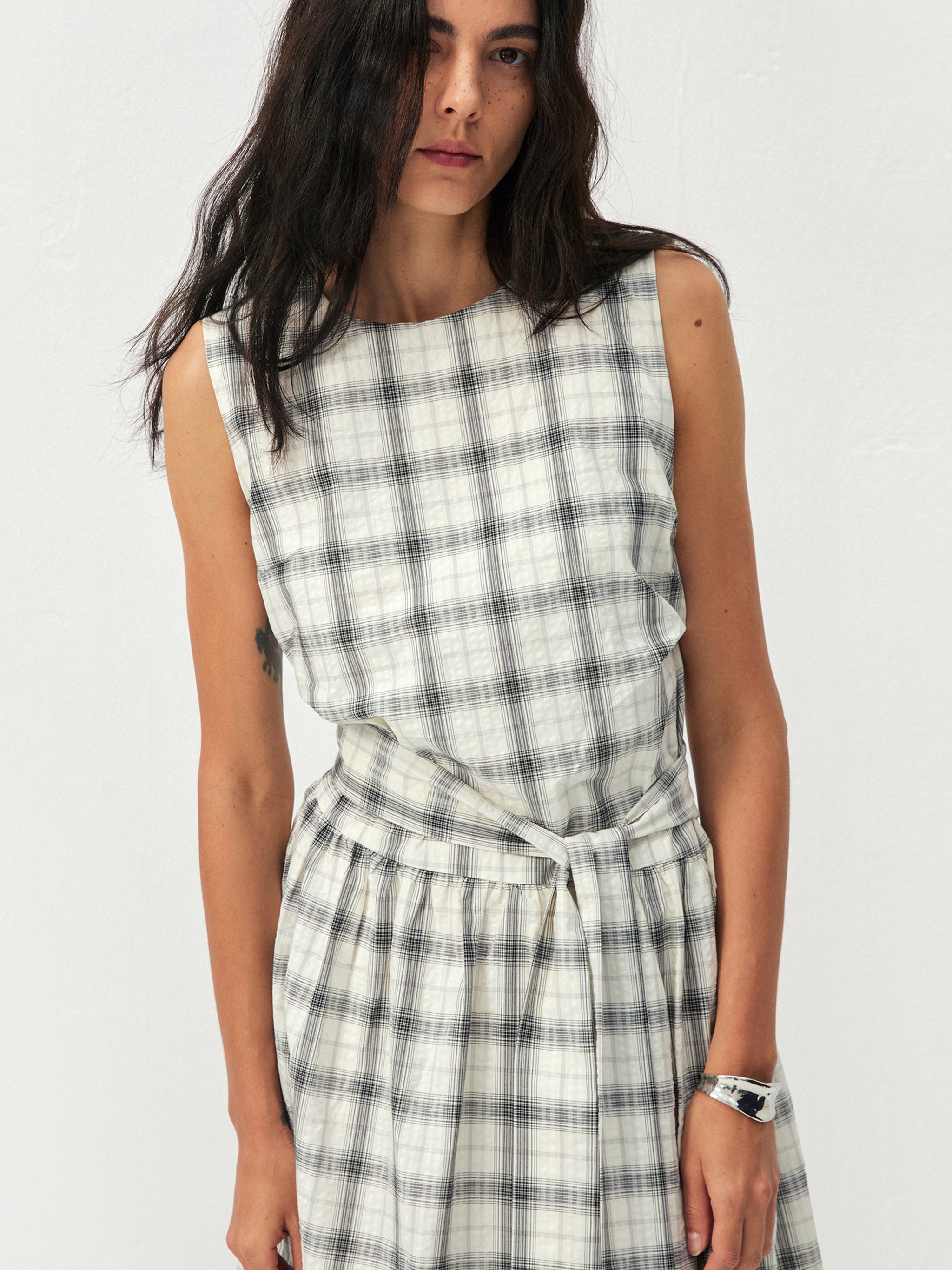 CUBIC Cotton Check Belted Sleeveless Midi Skirt