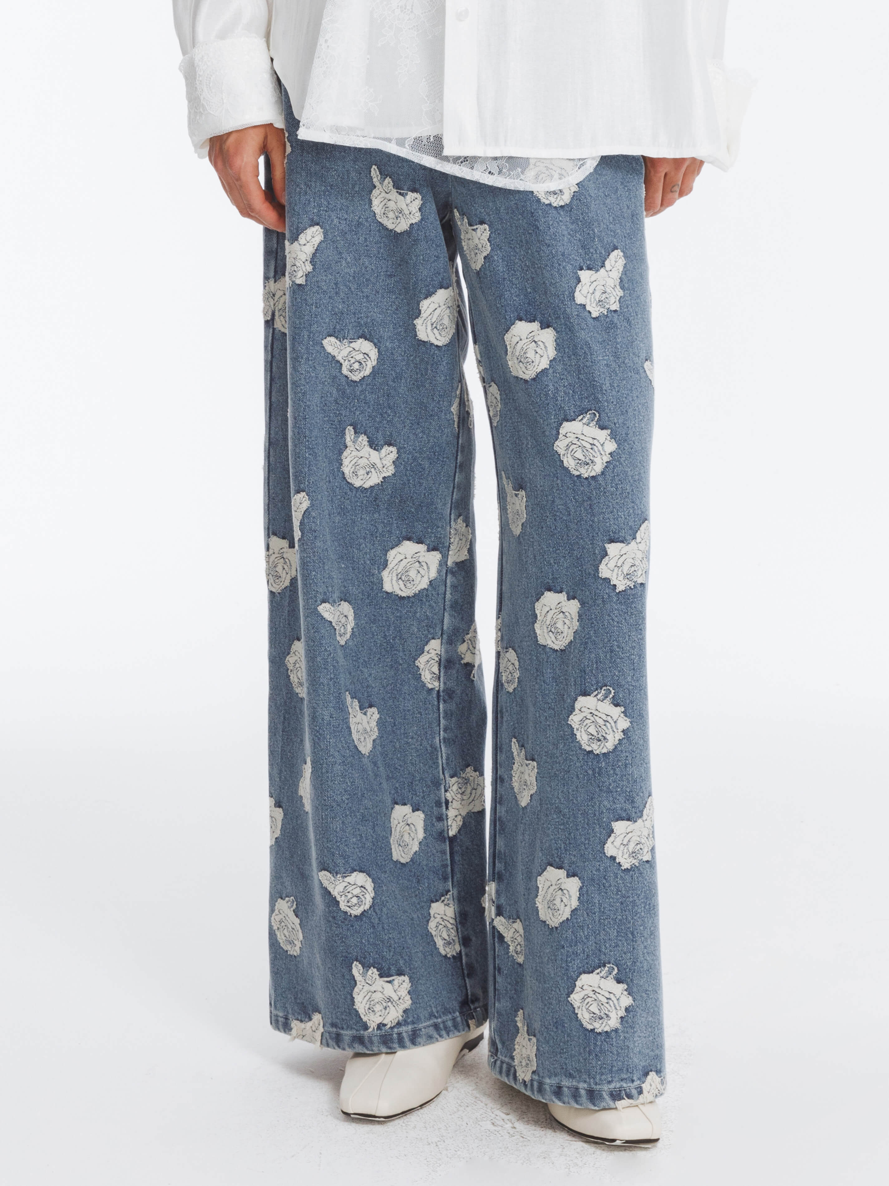 Retro Rose Print Washed Straight Leg Jeans-2