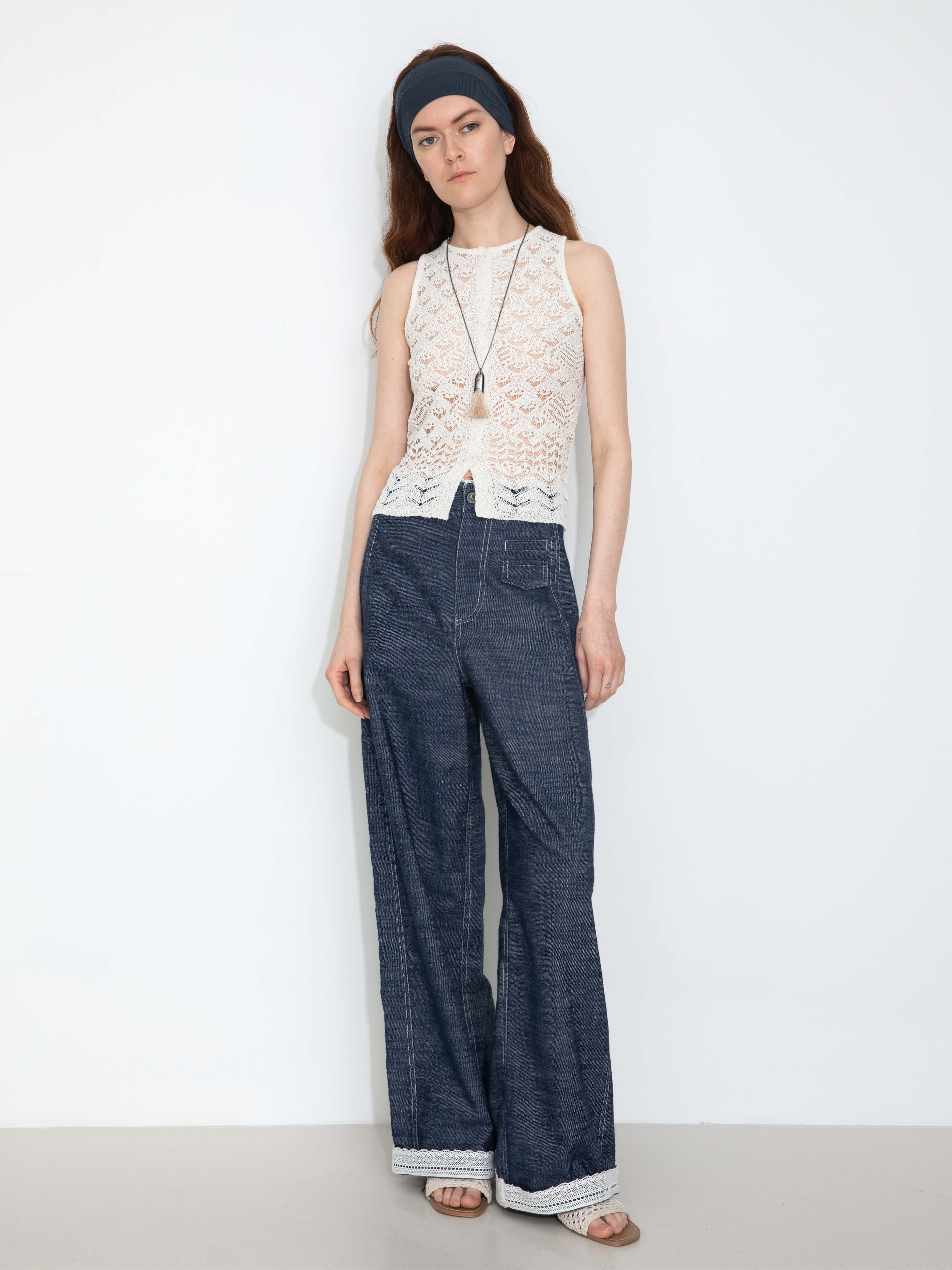 Linen-Cotton Lace Wide-Leg Straight Jeans-5
