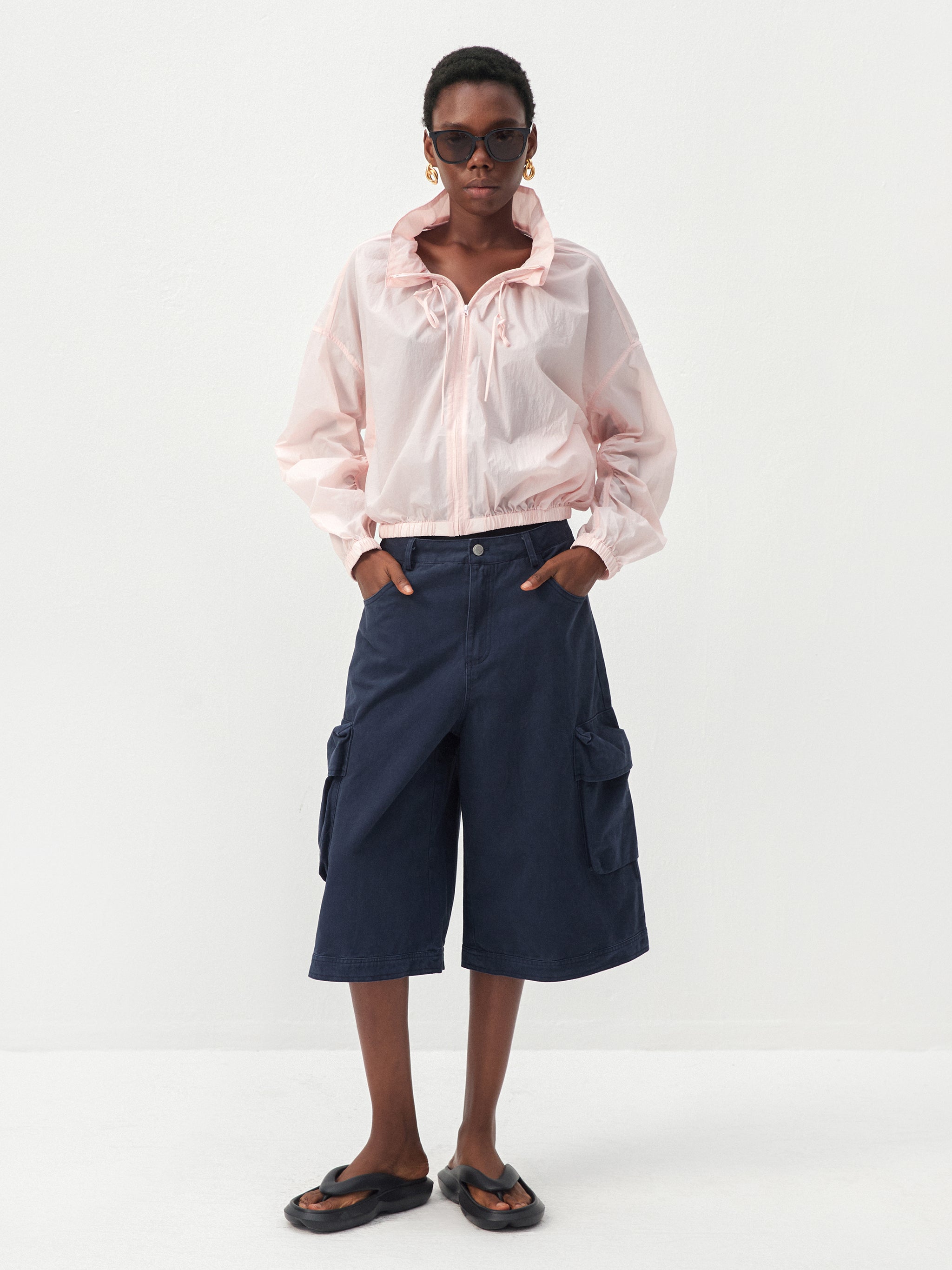 CUBIC Nylon Drawstring Collar Sheer Windbreaker Jacket