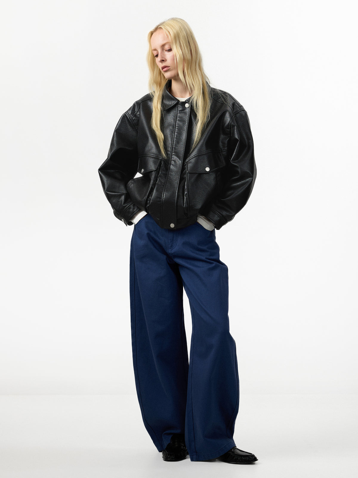 CUBIC Faux‑Leather Oversized Bomber Jacket