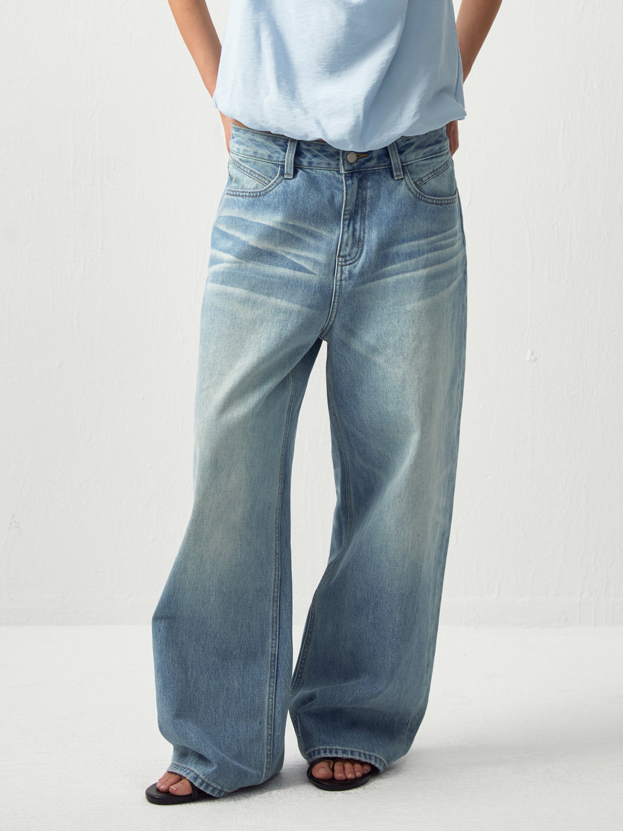 High-Waist Wide-Leg Washed Denim Jeans-2