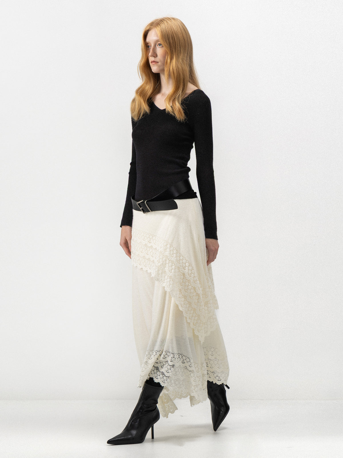 CUBIC Asymmetric Lace Knit Midi Skirt-1