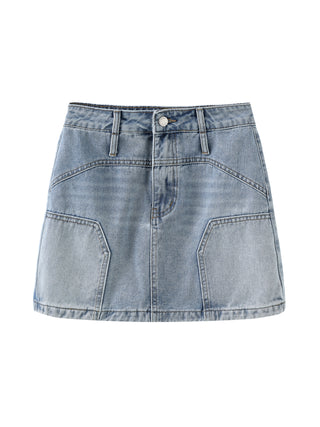 Light Blue Panelled Denim Mini Skirt