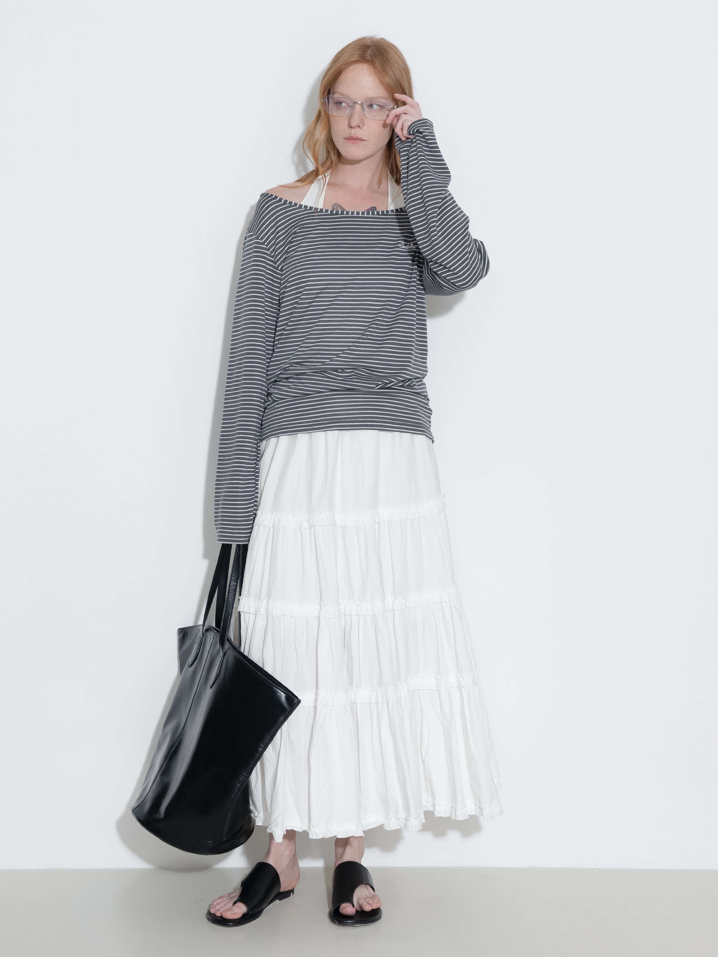 Adjustable Collar Oversized Stripe Long Sleeve Top-8