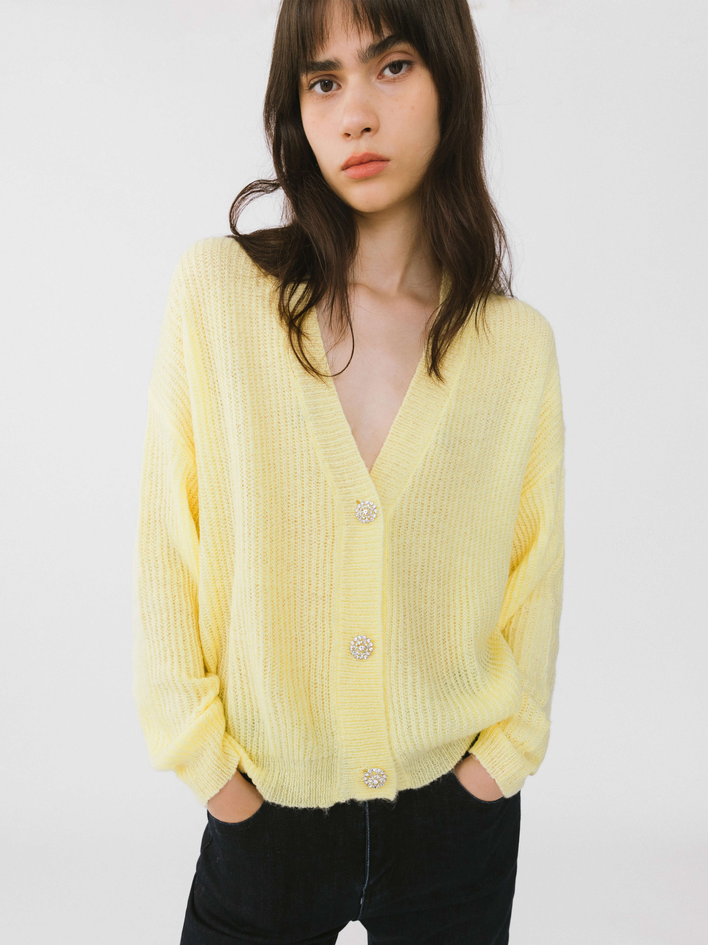 Casual V-Neck Ribbed Knit Cardigan with Wool Blend